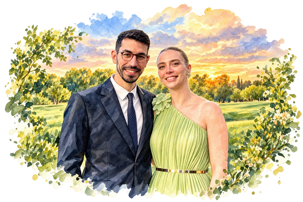 Acuarela de Paloma y Agustín juntos en un jardín al atardecer