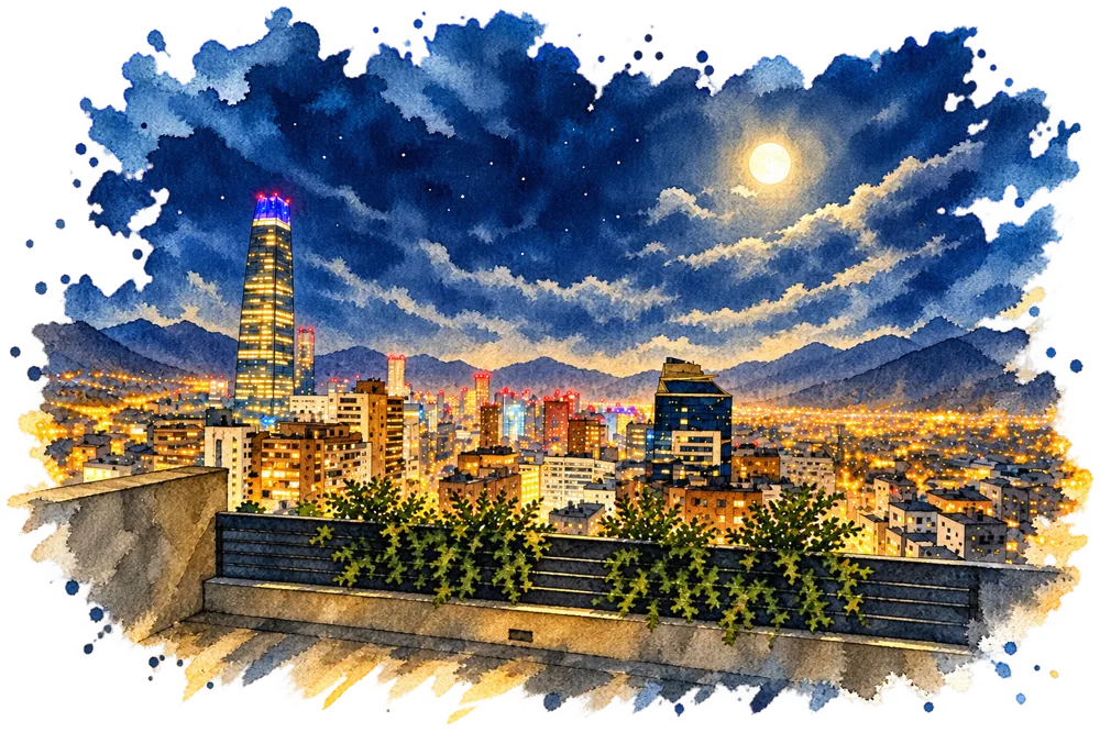 Noche de luna llena sobre Santiago de Chile, en acuarela